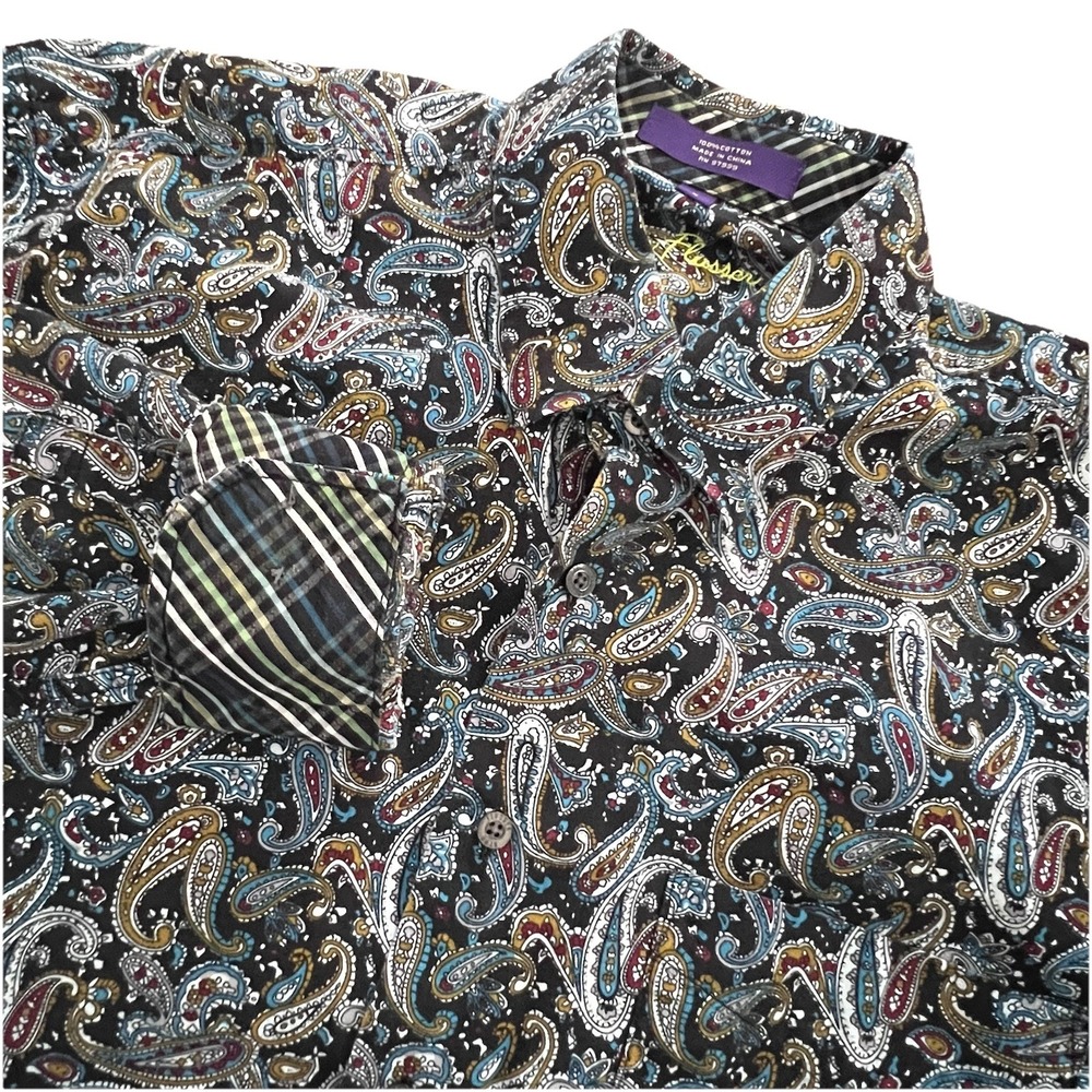 Alan Flusser Shirt Men L Flip Cuff Button Down All Over Paisley Boho Western Mod